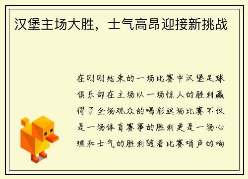 汉堡主场大胜，士气高昂迎接新挑战